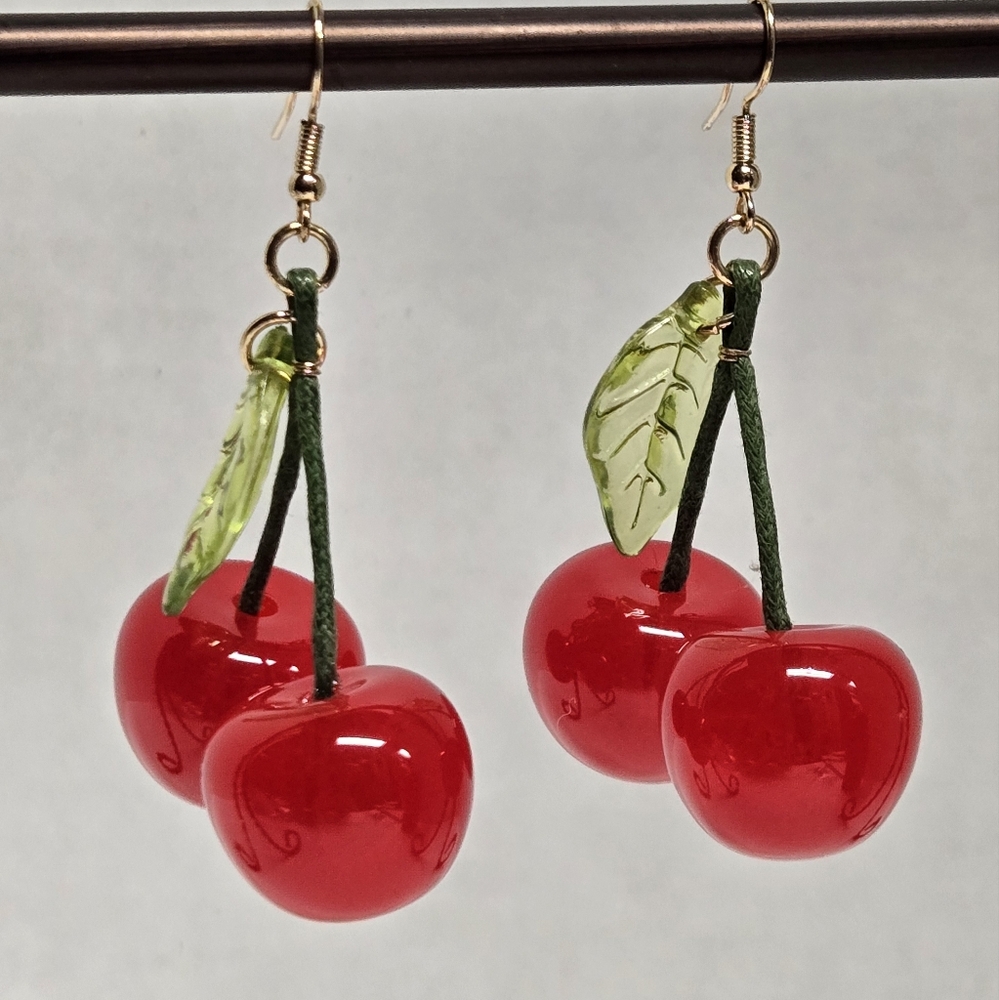 Acrylic Red Cherry Earrings 2 3/4"X1 3/4"
